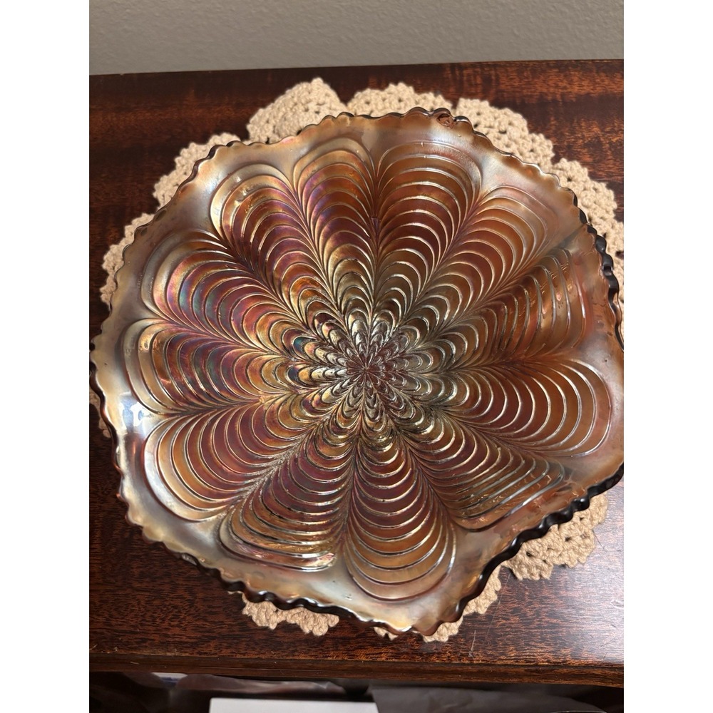 Vintage Fenton Marigold Carnival Glass Ruffled Bowl Peacock Tail Iridescent - Picture 9 of 11